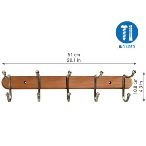 Tatkraft Charm | Stabile Wandgarderobe | Hakenleiste | Naturholz, Bronzierter Stahl| Fünf Doppelhaken| Elegantes Design | Maße 51 x 10.8 x 9.8 cm