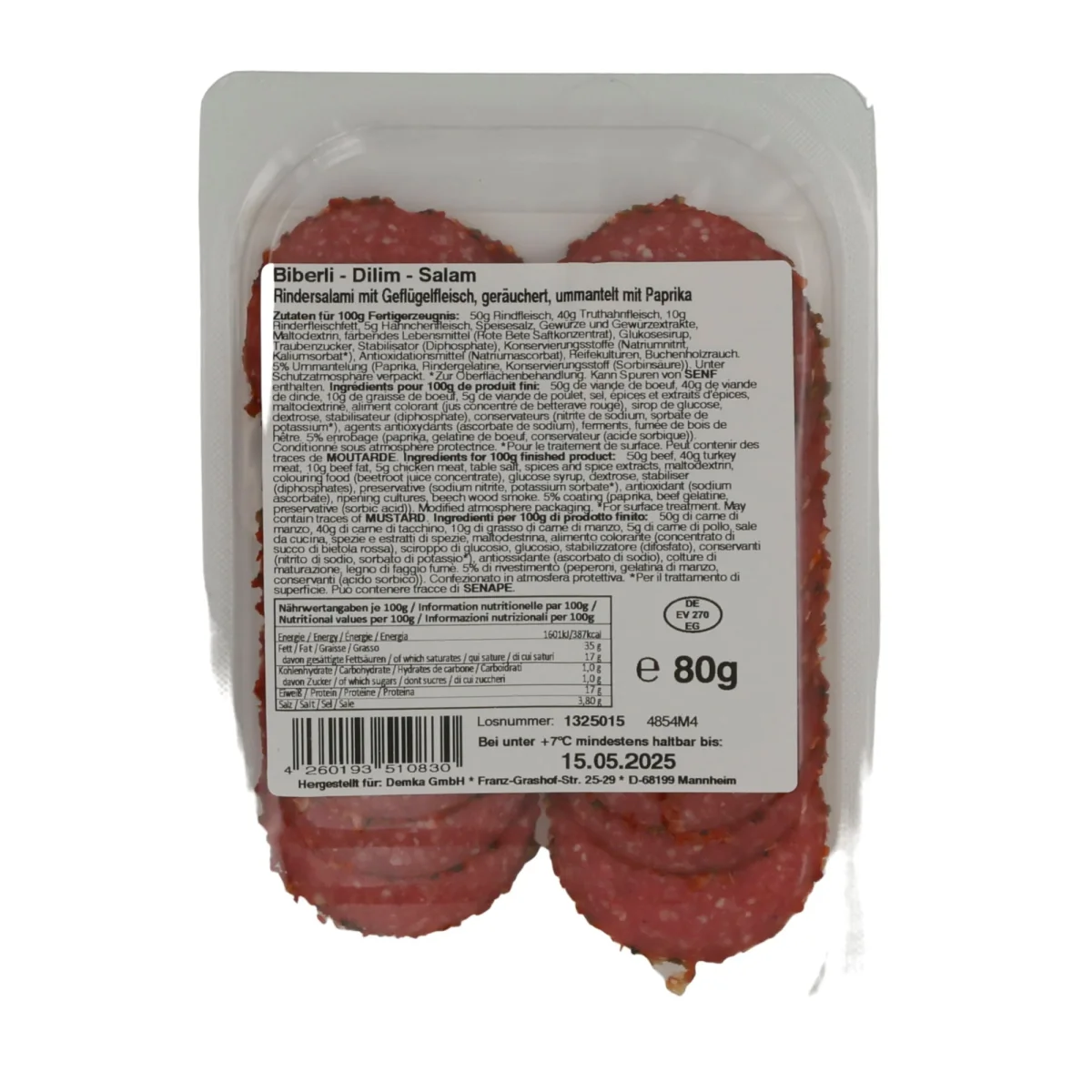 Rindersalami Özyörem Paprika-Salami | Halal | Mit Geflügelfleisch, geräuchert und mit Paprika ummantelt | 80 g – Bild 3